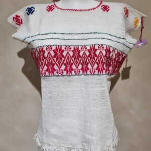Blusa blanca flores rojas, telar